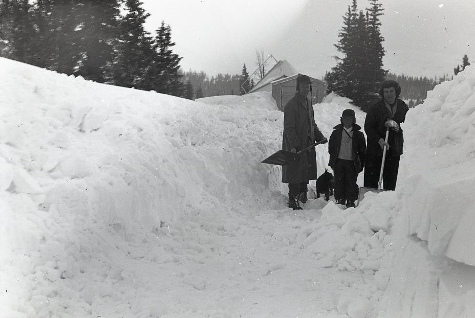 W R Allen, Jon Allen and Fabyan Watrous in front of High-Altitude Observatory, Climax, Colorado