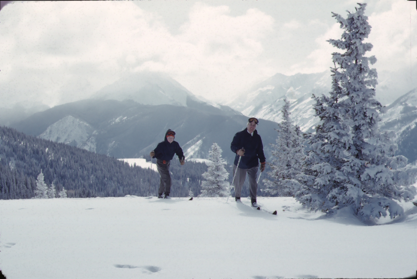 Vintage photo of a young man and adult woman on skis at Climax ski area, Climax Colorado